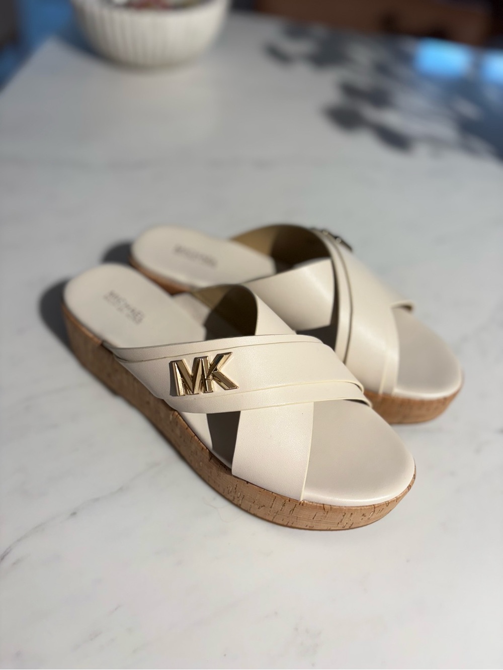 MICHAEL Michael Kors Cream Slide Sandals with Gold MK Accent size 8M